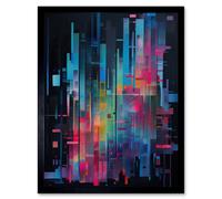 Wall Art Print Modern Abstract Geometric Neon Lines Cityscape Painting Art Framed Artery8 Black W12 inch x H16 inch