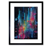 Wall Art Print Modern Abstract Geometric Neon Lines Cityscape Painting Artwork Framed 9X7 Inch Artery8 Black W7 inch x H9 inch