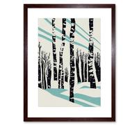 Wall Art Print Modern Birch Tree Forest in Winter Modern Stencil Design Monochrome and Teal Artwork Framed 9X7 Inch Artery8 Brown W7 inch x H9 inch
