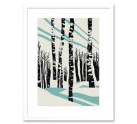 Wall Art Print Modern Birch Tree Forest in Winter Modern Stencil Design Monochrome and Teal Artwork Framed 9X7 Inch Artery8 White W7 inch x H9 inch