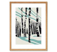 Wall Art Print Modern Birch Tree Forest in Winter Modern Stencil Design Monochrome and Teal Artwork Framed 9X7 Inch Artery8 Beige W7 inch x H9 inch