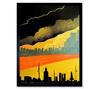 Wall Art Print Modern Black Yellow Orange Linocut London Skyline Cityscape Storm Lightning Art Framed Artery8 Black W12 inch x H16 inch