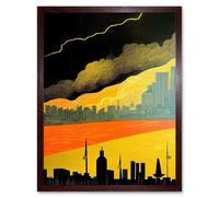 Wall Art Print Modern Black Yellow Orange Linocut London Skyline Cityscape Storm Lightning Art Framed Artery8 Brown W12 inch x H16 inch