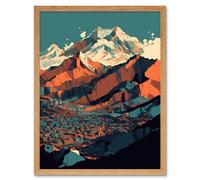 Wall Art Print Modern City Surrounded by Tall Mountains Landscape Art Framed Artery8 Light Oak W12 inch x H16 inch