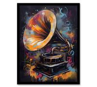 Wall Art Print Modern Gramophone Vibrant Painting In Gold Blue Pink Vintage Music Player Art Framed Artery8 Black W12 inch x H16 inch