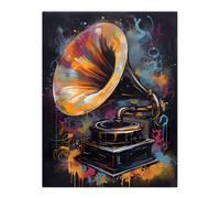 Wall Art Print Modern Gramophone Vibrant Painting In Gold Blue Pink Vintage Music Player Poster Artery8 Black W24 inch x H32 inch