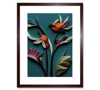 Wall Art Print Modern Paper Quilling Bird on Exotic Flower Plant Leaves Blue Orange Teal Artwork Framed 9X7 Inch Artery8 Brown W7 inch x H9 inch