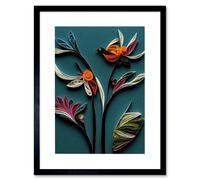 Wall Art Print Modern Paper Quilling Bird on Exotic Flower Plant Leaves Blue Orange Teal Artwork Framed 9X7 Inch Artery8 Black W7 inch x H9 inch