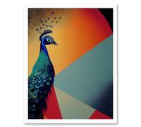 Wall Art Print Modern Peacock Portrait in Colourful Abstract Vibrant Orange Art Framed Artery8 White W12 inch x H16 inch