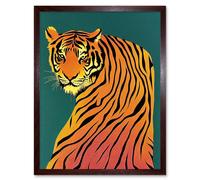 Wall Art Print Modern Tiger Portrait on Teal Orange Bold Art Framed Artery8 Brown W12 inch x H16 inch