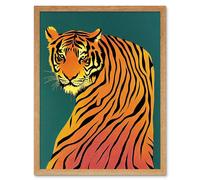 Wall Art Print Modern Tiger Portrait on Teal Orange Bold Art Framed Artery8 Light Oak W12 inch x H16 inch