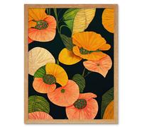 Wall Art Print Modern Tropical Lake Flowers Orange Yellow Peach Cream Warm Colours on Dark Green Art Framed Artery8 Light Oak W12 inch x H16 inch