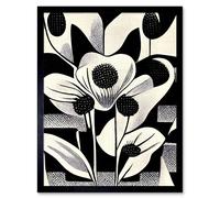 Wall Art Print Monochrome Black White Abstract Retro Flower Pattern Art Framed Artery8 Black W12 inch x H16 inch