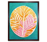 Wall Art Print Monstera Leaf Linocut In Pastel Pink Orange On Teal Art Framed Artery8 Brown W12 inch x H16 inch
