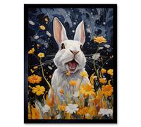 Wall Art Print Moonlit White Rabbit Oil Painting Playing with Yellow Spring Flowers Mischief at Night Kids Bedroom Artwork Art Framed Artery8 Black W12 inch x H16 inch