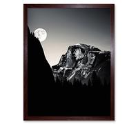 Wall Art Print Moonrise by Half Dome in Yosemite National Park High Contrast Black White Photograph Full Moon and Mountain Forest Landscape Art Framed Artery8 Brown W12 inch x H16 inch