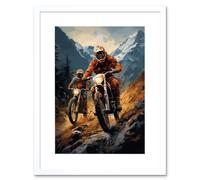 Wall Art Print Motocross Bikers Racing Action Shot Oil Painting Stone Blue Orange Scenic Mountain Landscape Artwork Framed 9X7 Inch Artery8 White W7 inch x H9 inch