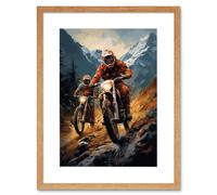 Wall Art Print Motocross Bikers Racing Action Shot Oil Painting Stone Blue Orange Scenic Mountain Landscape Artwork Framed 9X7 Inch Artery8 Beige W7 inch x H9 inch