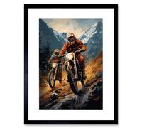 Wall Art Print Motocross Bikers Racing Action Shot Oil Painting Stone Blue Orange Scenic Mountain Landscape Artwork Framed 9X7 Inch Artery8 Black W7 inch x H9 inch