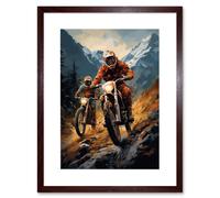 Wall Art Print Motocross Bikers Racing Action Shot Oil Painting Stone Blue Orange Scenic Mountain Landscape Artwork Framed 9X7 Inch Artery8 Brown W7 inch x H9 inch