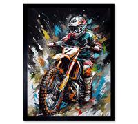Wall Art Print Motocross Race Driver Number 7 Racing Action Shot Art Framed Artery8 Black W12 inch x H16 inch