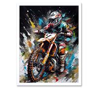 Wall Art Print Motocross Race Driver Number 7 Racing Action Shot Art Framed Artery8 White W12 inch x H16 inch