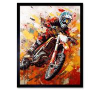 Wall Art Print Motocross Race Motorcycle Sport Oil Painting Art Framed Artery8 Black W12 inch x H16 inch