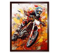 Wall Art Print Motocross Race Motorcycle Sport Oil Painting Art Framed Artery8 Brown W12 inch x H16 inch