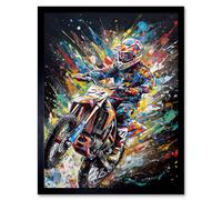 Wall Art Print Motorcycle Motocross Rainbow Paint Splatter Art Framed Artery8 Black W12 inch x H16 inch