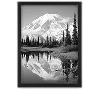 Wall Art Print Mount McKinley Reflecting on Wonder Lake Tranquil Water Black and White Photograph Scenic Mountain Valley Landscape Artwork Framed A4 Artery8 Black A4