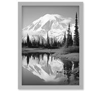 Wall Art Print Mount McKinley Reflecting on Wonder Lake Tranquil Water Black and White Photograph Scenic Mountain Valley Landscape Artwork Framed A4 Artery8 Grey A4