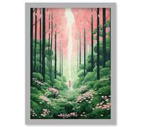 Wall Art Print Mount Yoshino Cherry Blossom Tree Forest Bright Artwork Baby Pink Green Walk in Nature Trail Artwork Framed A4 Artery8 Grey A4