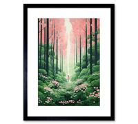 Wall Art Print Mount Yoshino Cherry Blossom Tree Forest Bright Artwork Baby Pink Green Walk in Nature Trail Artwork Framed 9X7 Inch Artery8 Black W7 inch x H9 inch