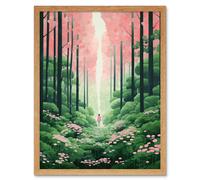 Wall Art Print Mount Yoshino Cherry Blossom Tree Forest Bright Artwork Baby Pink Green Walk in Nature Trail Art Framed Artery8 Light Oak W12 inch x H16 inch