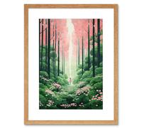 Wall Art Print Mount Yoshino Cherry Blossom Tree Forest Bright Artwork Baby Pink Green Walk in Nature Trail Artwork Framed 9X7 Inch Artery8 Beige W7 inch x H9 inch