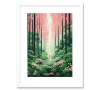 Wall Art Print Mount Yoshino Cherry Blossom Tree Forest Bright Artwork Baby Pink Green Walk in Nature Trail Artwork Framed 9X7 Inch Artery8 White W7 inch x H9 inch