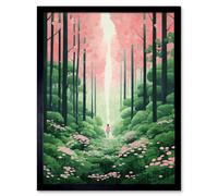 Wall Art Print Mount Yoshino Cherry Blossom Tree Forest Bright Artwork Baby Pink Green Walk in Nature Trail Art Framed Artery8 Black W12 inch x H16 inch