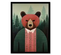 Wall Art Print Mr Bear Portrait Oil Painting Pink Brown Green Misty Forest Landscape Kids Bedroom Artwork Framed Artery8 Green W12 inch x H16 inch