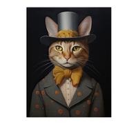 Wall Art Print Mr Buttons Oil Painting Tan Grey Cream Elegant Cat Portrait with Bow Tie and Top Hat Poster Artery8 Grey W24 inch x H32 inch