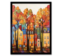 Wall Art Print Multicoloured House Street In Autumn Contemporary Folk Art Painting Art Framed Artery8 Black W12 inch x H16 inch