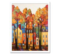 Wall Art Print Multicoloured House Street In Autumn Contemporary Folk Art Painting Art Framed Artery8 White W12 inch x H16 inch