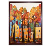 Wall Art Print Multicoloured House Street In Autumn Contemporary Folk Art Painting Art Framed Artery8 Brown W12 inch x H16 inch