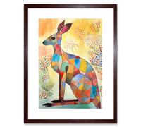 Wall Art Print Multicoloured Kangaroo Folk Art Watercolour Painting Artwork Framed 9X7 Inch Artery8 Brown W7 inch x H9 inch