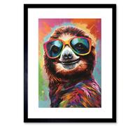 Wall Art Print Multicoloured Smiling Sloth Wearing Sunglasses Artwork Framed 9X7 Inch Artery8 Black W7 inch x H9 inch