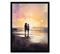 Wall Art Print Mum And Me Watercolour Painting Mother And Daughter Dawn Morning Walk On The Beach Art Framed Artery8 Yellow W12 inch x H16 inch