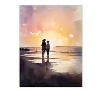 Wall Art Print Mum And Me Watercolour Painting Mother And Daughter Dawn Morning Walk On The Beach Poster Artery8 Yellow W24 inch x H32 inch