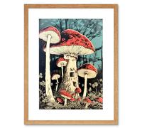 Wall Art Print Mushroom Fairy House Pastel Red Blue Green Magical Forest Fantasy Concept Kitchen Artwork Framed 9X7 Inch Artery8 Beige W7 inch x H9 inch