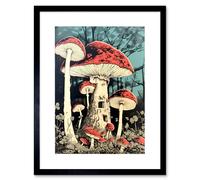 Wall Art Print Mushroom Fairy House Pastel Red Blue Green Magical Forest Fantasy Concept Kitchen Artwork Framed 9X7 Inch Artery8 Black W7 inch x H9 inch