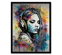 Wall Art Print Music Girl Headphones Watercolour Grunge Emo Teen Bedroom Art Framed Artery8 Multi W12 inch x H16 inch