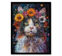 Wall Art Print Mystic Psychedelic Hippy Cat Flower Crown Abstract Art Framed Poster Artery8 Black W12 inch x H16 inch
